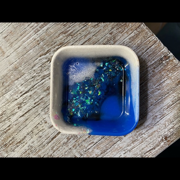 Square Tray / Dish - Blue + Black + White + Iridescent Rainbow Confetti - Picture 13 of 17